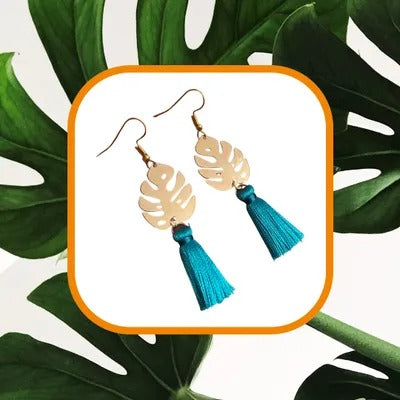 Tropical Gold Leaf Earrings with Aqua Tassel - Mother's Day Gift, Cuban Jewelry, Miami Jewelry, 305, Tassel Jewelry