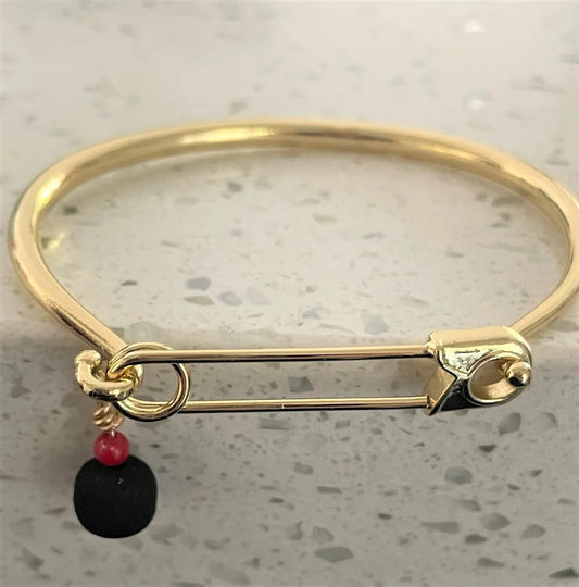 Cuban Azabache Pin Bracelet with Authentic Jet Stone & Real Coral Stone, Gold Plated