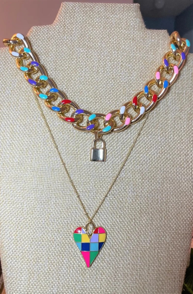 Color Cuban Link Choker Chain with Lock Pendant - Mother's Day Gift, Cuban Jewelry, Miami Jewelry, 305, Cuban Link Necklace