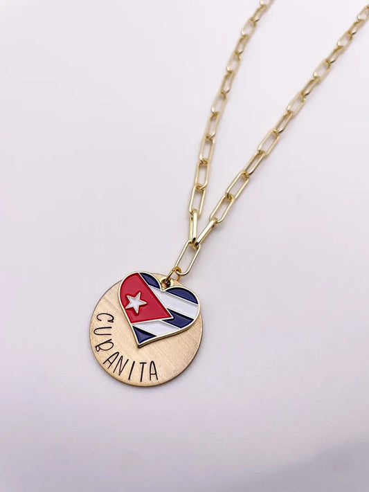 Cubanita Heart Flag Necklace - Mother's Day Gift, Cuban Jewelry, Miami Jewelry, 305, Paperclip Link
