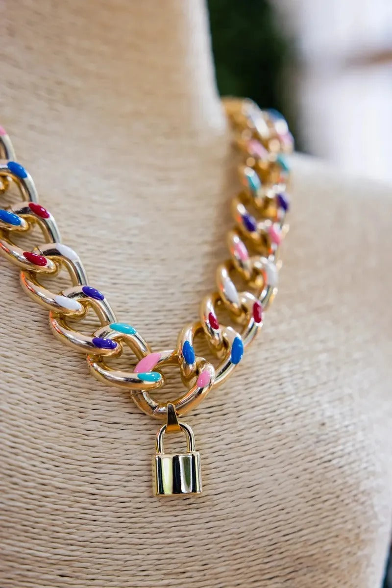 Color Cuban Link Choker Chain with Lock Pendant - Mother's Day Gift, Cuban Jewelry, Miami Jewelry, 305, Cuban Link Necklace