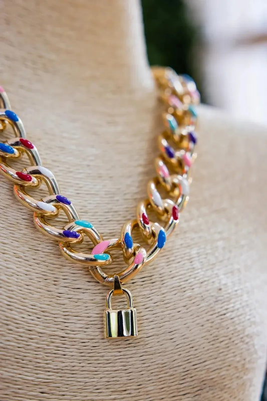 Color Cuban Link Choker Chain with Lock Pendant - Mother's Day Gift, Cuban Jewelry, Miami Jewelry, 305, Cuban Link Necklace