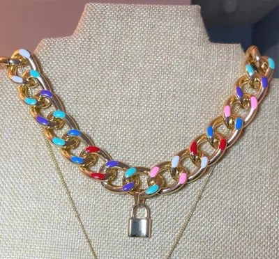 Color Cuban Link Choker Chain with Lock Pendant - Mother's Day Gift, Cuban Jewelry, Miami Jewelry, 305, Cuban Link Necklace