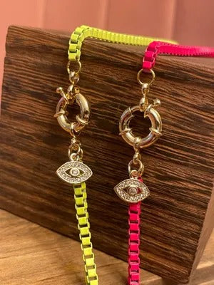 Neon Box Chain Necklace in Pink and Yellow with Gold Accents and Evil Eye Charm