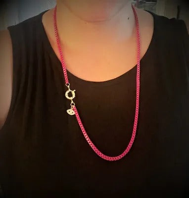 Neon Box Chain Necklace in Pink and Yellow with Gold Accents and Evil Eye Charm