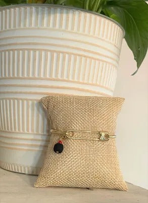 Cuban Azabache Pin Bracelet with Authentic Jet Stone & Real Coral Stone, Gold Plated