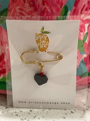 Cuban Azabache Pin with Authentic Heart Jet Stone & Real Coral Stone, Gold Plated
