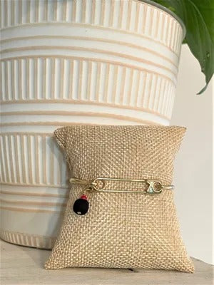 Cuban Azabache Pin Bracelet with Authentic Jet Stone & Real Coral Stone, Gold Plated