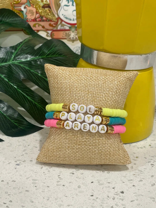 Heishi Bead Bracelet Set of 3 - Sol, Playa, Arena - Clay Bead Bracelet - Stackable Bracelets - Stretch Bead Bracelet - Cuban Sayings - Cuban Bracelet - Cuban Link