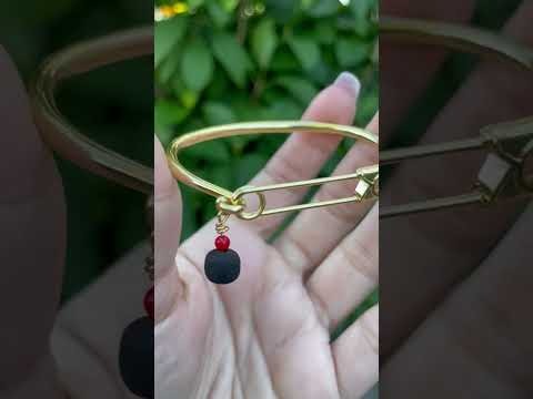 Cuban Azabache Pin Bracelet with Authentic Jet Stone & Real Coral Stone, Gold Plated