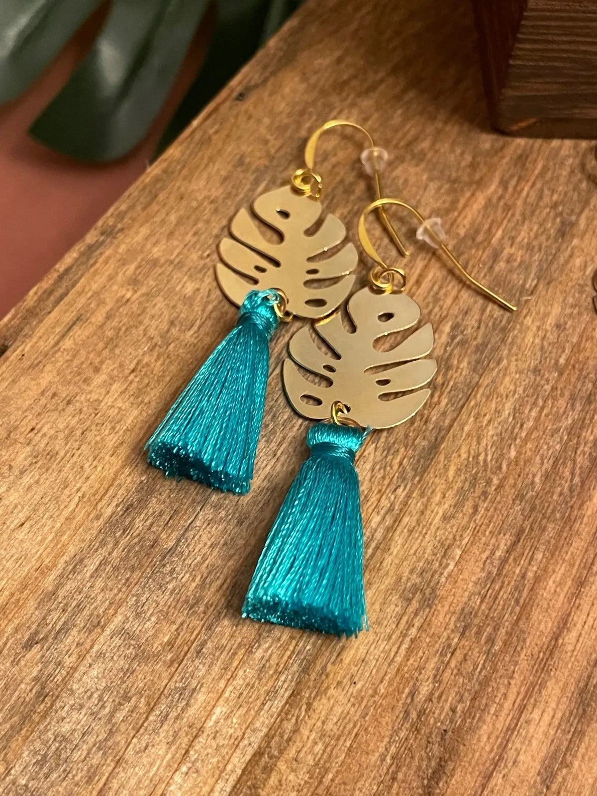 Tropical Gold Leaf Earrings with Aqua Tassel - Mother's Day Gift, Cuban Jewelry, Miami Jewelry, 305, Tassel Jewelry