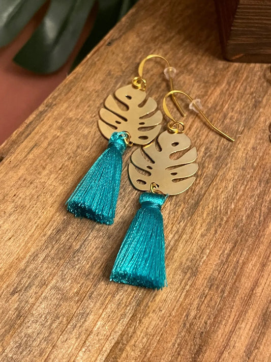Tropical Gold Leaf Earrings with Aqua Tassel - Mother's Day Gift, Cuban Jewelry, Miami Jewelry, 305, Tassel Jewelry