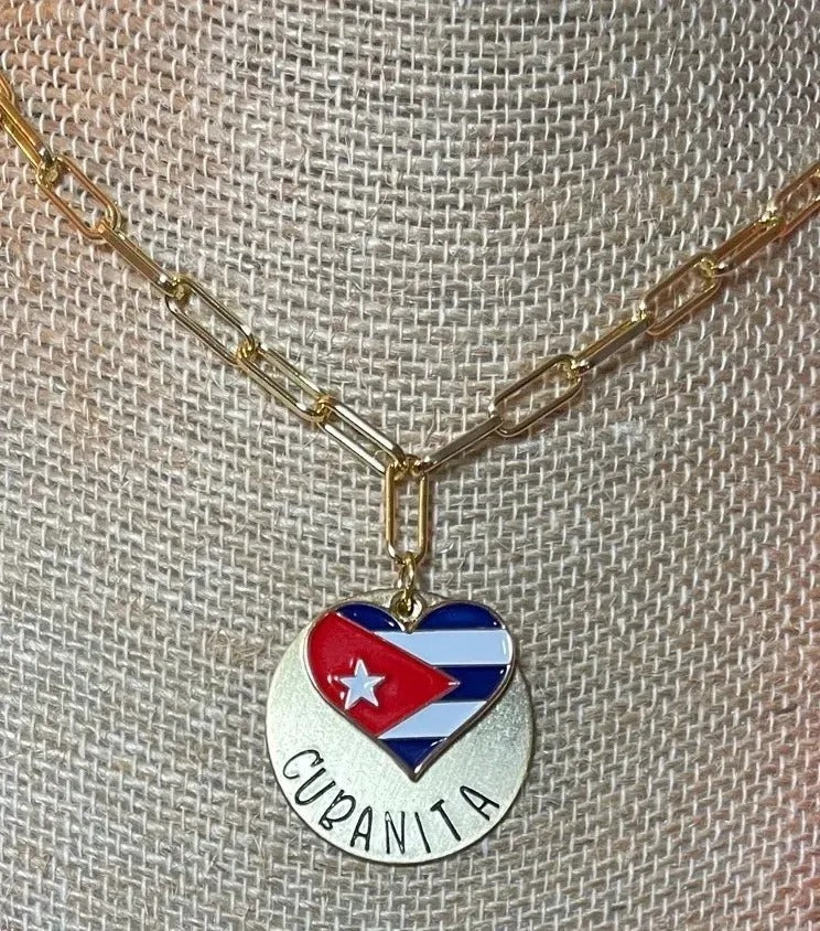 Cubanita Heart Flag Necklace - Mother's Day Gift, Cuban Jewelry, Miami Jewelry, 305, Paperclip Link