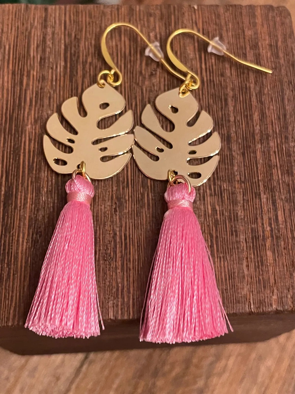 Tropical Gold Leaf Earrings with Aqua Tassel - Mother's Day Gift, Cuban Jewelry, Miami Jewelry, 305, Tassel Jewelry
