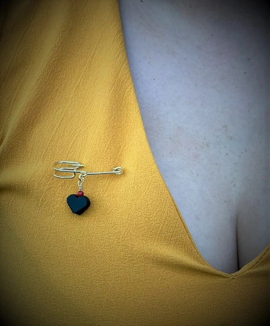 Cuban Azabache Pin with Authentic Heart Jet Stone & Real Coral Stone, Gold Plated