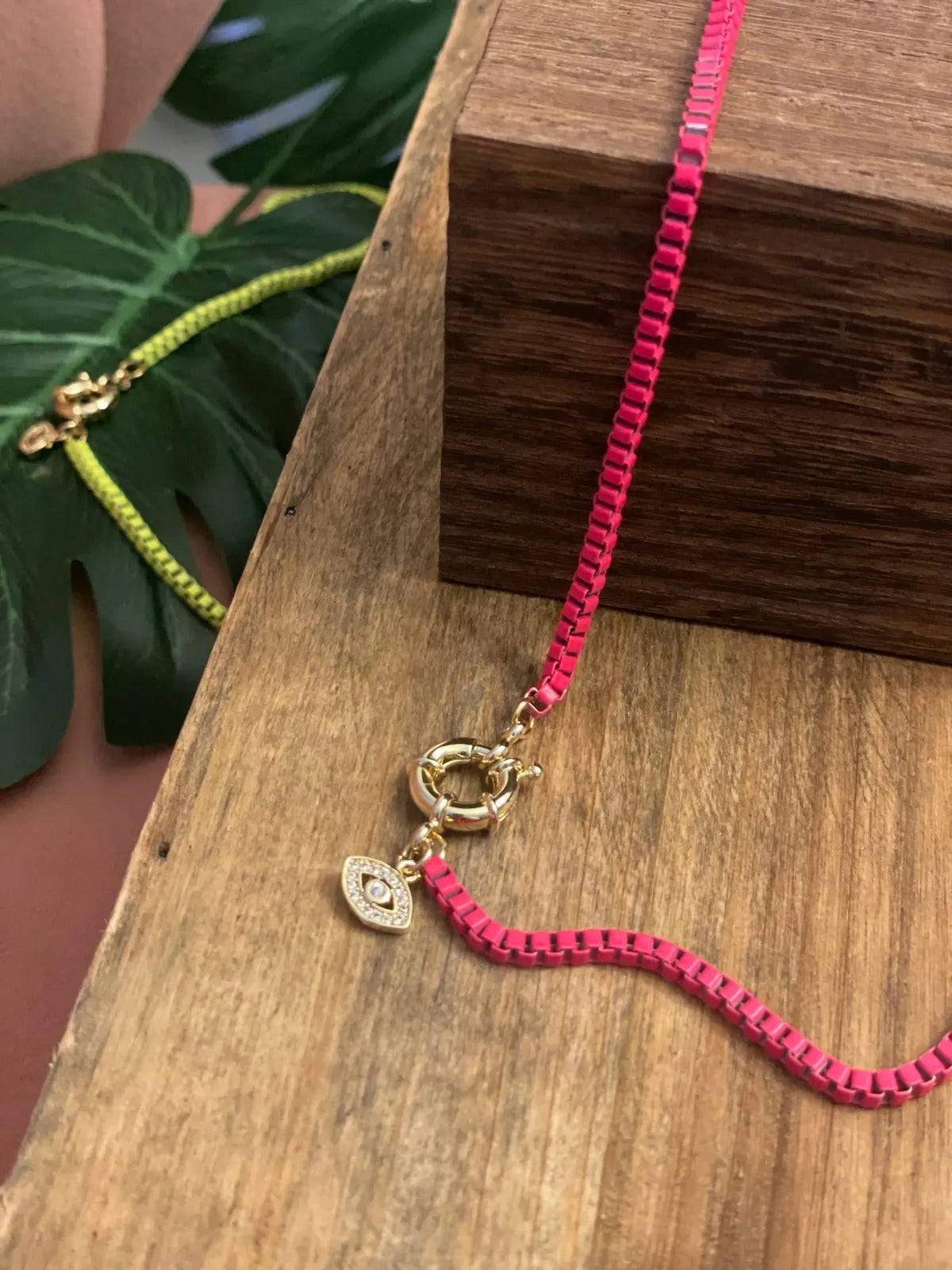 Neon Box Chain Necklace in Pink and Yellow with Gold Accents and Evil Eye Charm