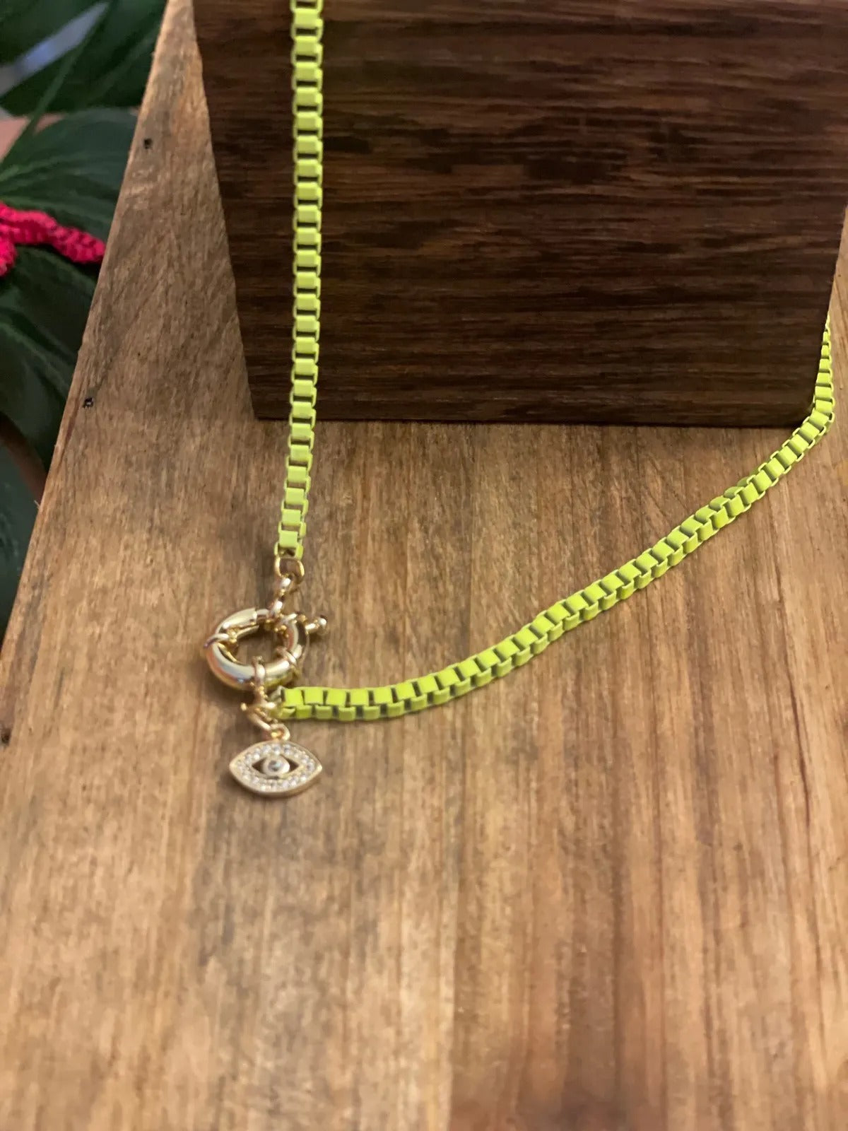 Neon Box Chain Necklace in Pink and Yellow with Gold Accents and Evil Eye Charm