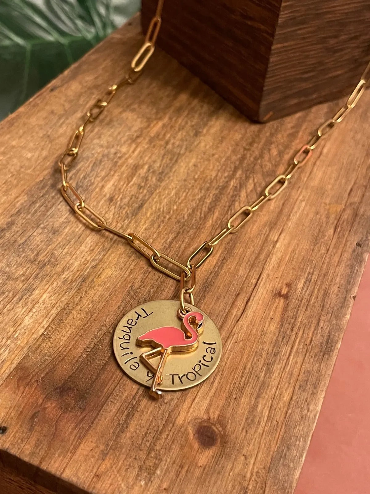 Tranquila y Tropical Pink Flamingo Necklace - Mother's Day Gift, Cuban Jewelry, Miami Jewelry, 305, Paperclip Link
