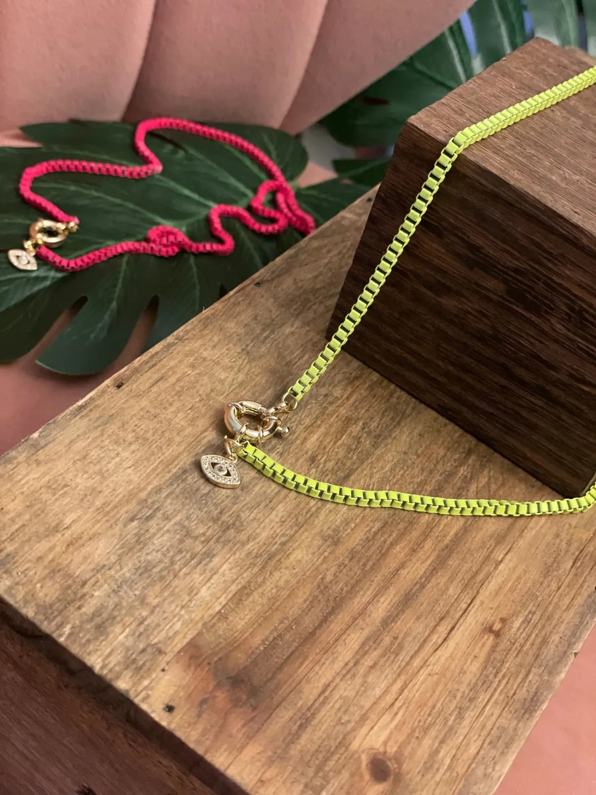 Neon Box Chain Necklace in Pink and Yellow with Gold Accents and Evil Eye Charm
