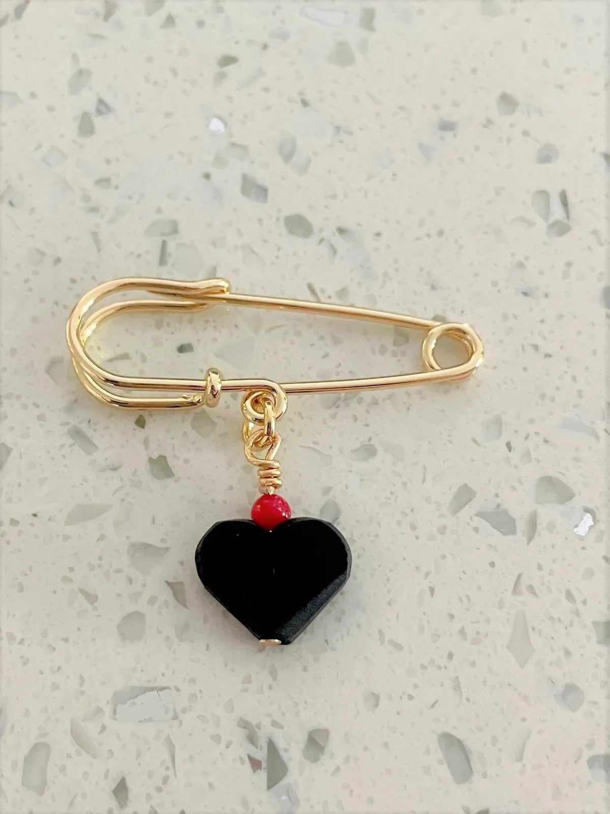 Cuban Azabache Pin with Authentic Heart Jet Stone & Real Coral Stone, Gold Plated