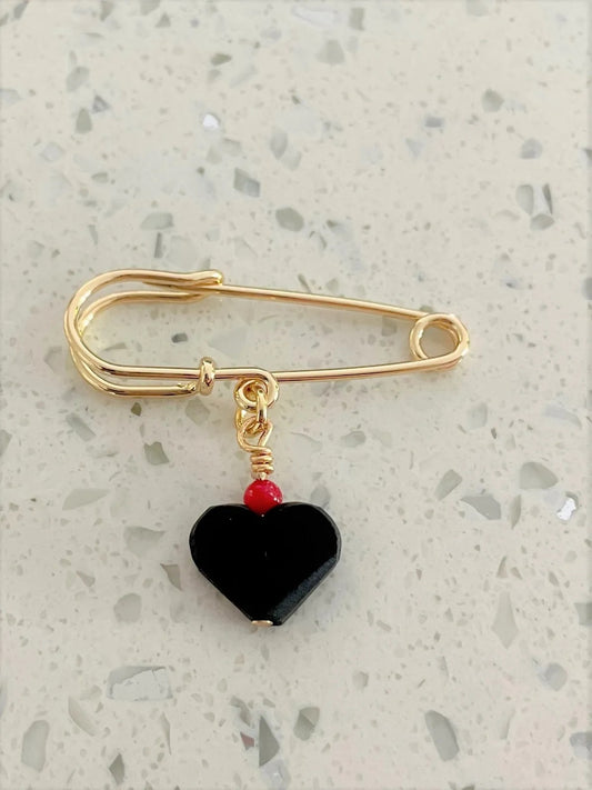 Cuban Azabache Pin with Authentic Heart Jet Stone & Real Coral Stone, Gold Plated