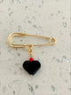 Cuban Azabache Pin with Authentic Heart Jet Stone & Real Coral Stone, Gold Plated