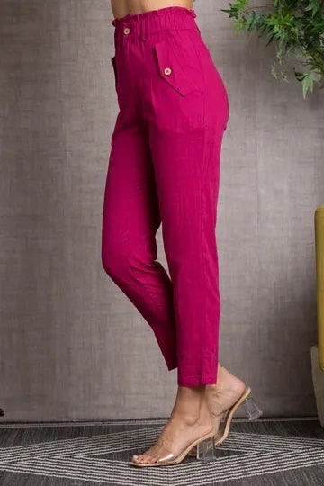 Casual Button Detail Elastic Waistband Straight Leg Pants