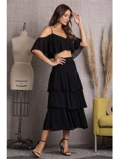 Black Layered Spaghetti Strap Crop Top and Skirt Set